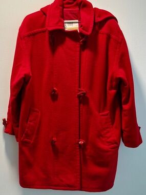 Vintage Towne by London Fog Red 100% Wool Duffle Toggle Coat & Hood Size 10 M